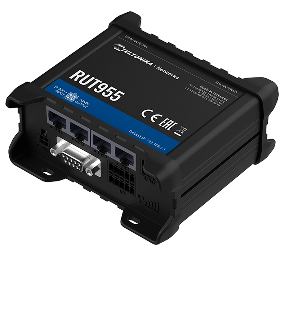RUT955 industriel LTE Cat 4-router RUT955 er en yderst pålidelig industriel LTE Cat 4-router, der leverer høj ydeevne og GNSS-placeringsmuligheder.
